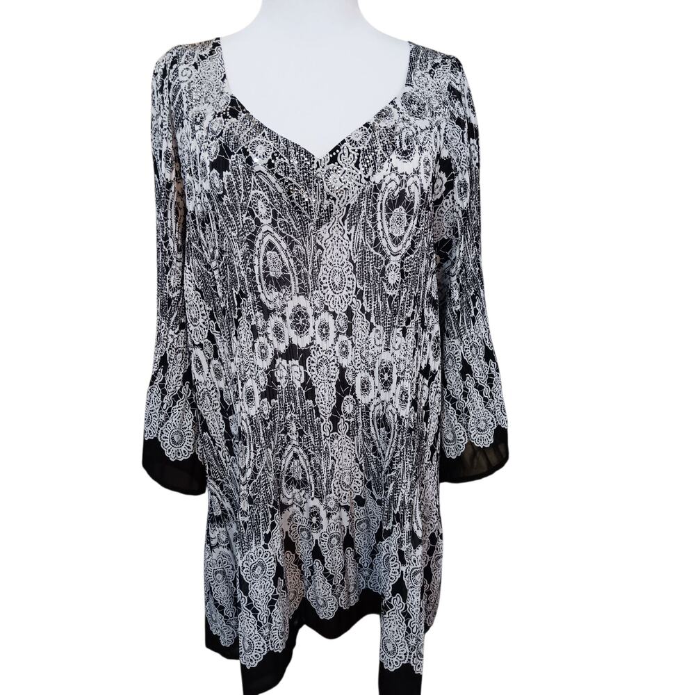 AVENUE Blouse Tunic Top 26/28 3X Accordion Pleat Beads Bling Travel Career Flare